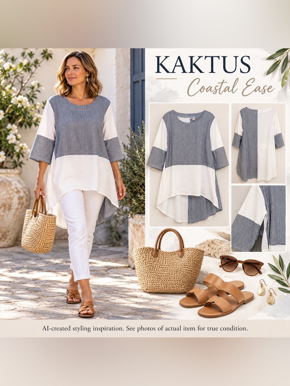 Kaktus Navy White Pinstripe Linen Blend Asymmetric Tunic Top Large